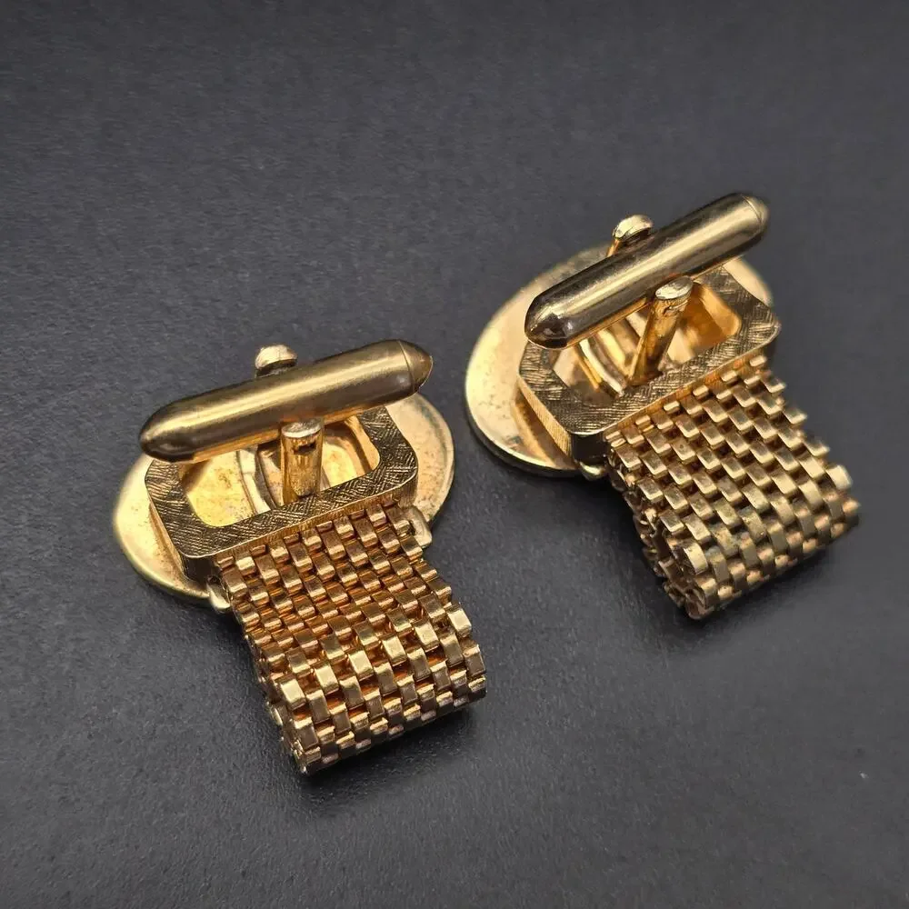 Gold Tone Oval Cufflinks with Gold Tone Mesh Vintage Men's Accessory